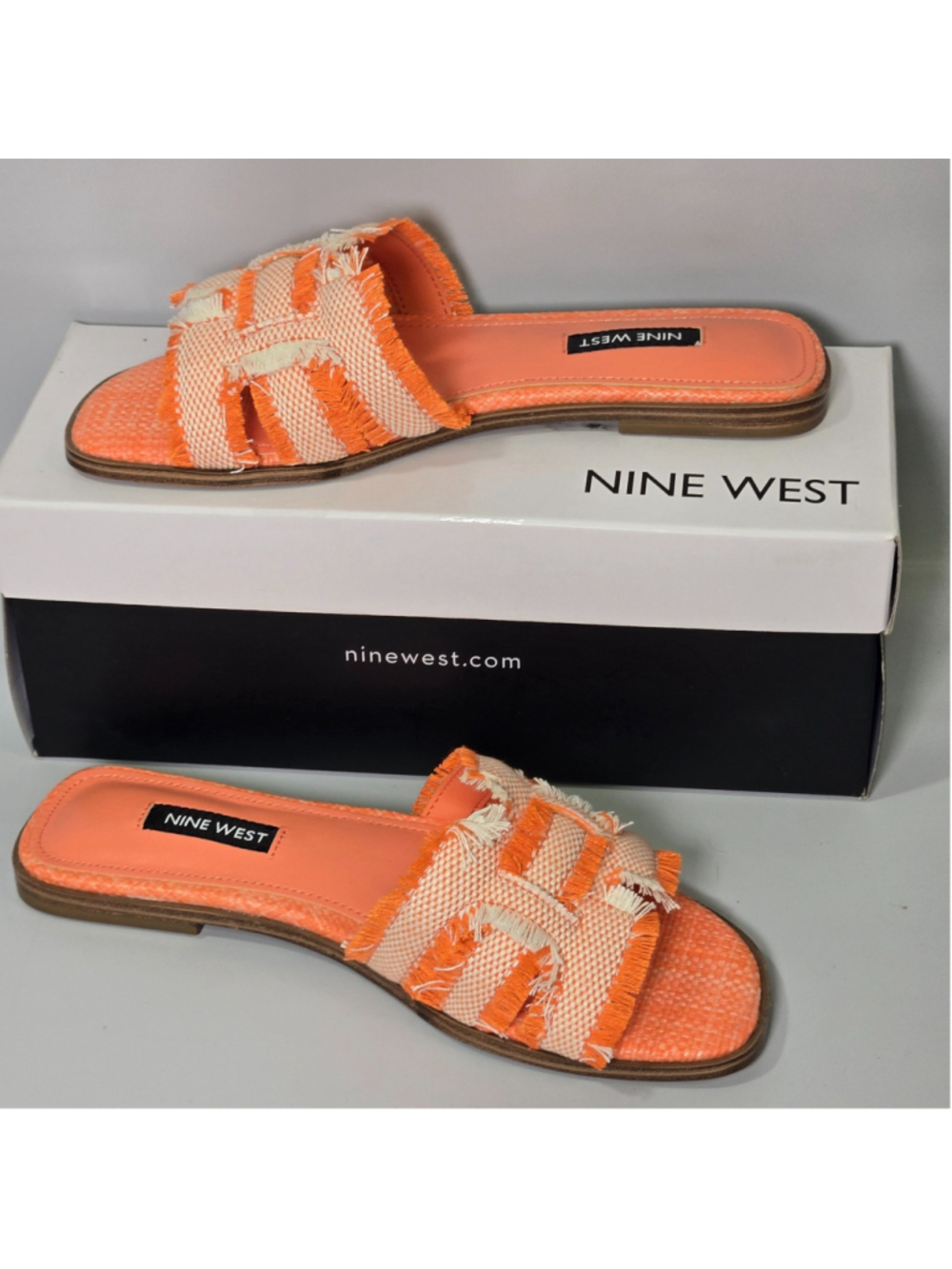Nine West Germanny Slide Sandals Womens 6 Orange Frayed Square Toe Flat NIB
